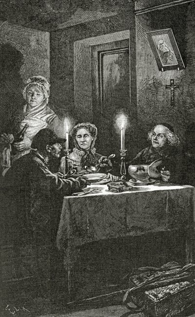 Jean Valjeanin vastaanottaa ja hoitaa piispa Myriel, 1800-luku (bw-kaiverrus) tekijältä Frederic Theodore Lix