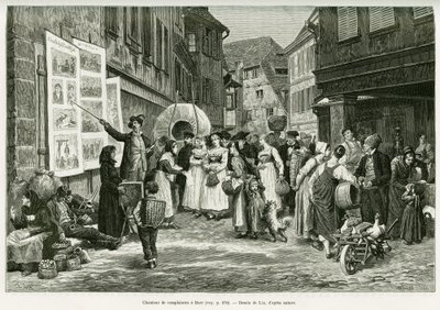 Valittaa laulaja Barrin kaduilla. Lixin kaiverrus havainnollistamaan tarinaa A Through Alsacen ja Lorraine, vuonna 1887, Charles Grad, saksalainen edustaja, tour du monde 1888, ohjaaja Edouard Charton (1807-1890), Hachette, Paris. tekijältä Frederic Theodore Lix