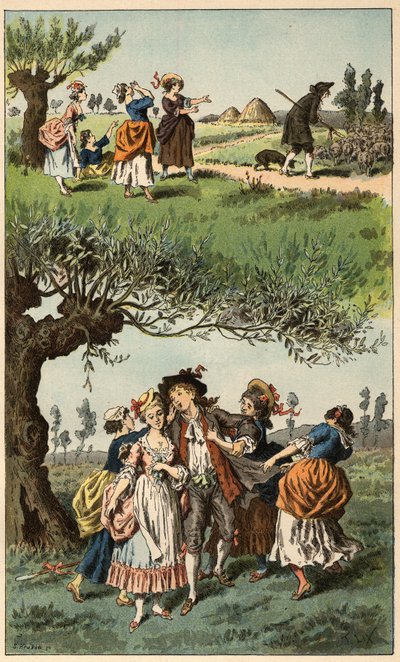 Suosittu kappale: "Me olimme kolme tyttöä"". Frederic Theodore Lixin (1830-1897) kuvitus teoksessa "" Chansons et rounds enfantines des provinces de la France"" tekijältä Frederic Theodore Lix