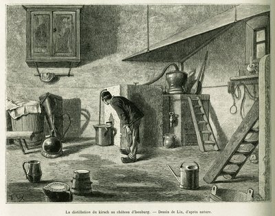Kirschin tislaus Isenburgin linnassa. Lixin kaiverrus havainnollistamaan tarinaa A Through Alsacen ja Lorraine, vuonna 1887, Charles Grad, saksalainen edustaja, tour du monde 1888, ohjaaja Edouard Charton (1807-1890), Hachette, Paris. tekijältä Frederic Theodore Lix