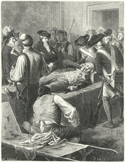 Haavoittunut Maximilien Robespierre yleisen turvallisuuden komiteassa odottamassa teloitustaan, 1794 tekijältä Frederic Theodore Lix