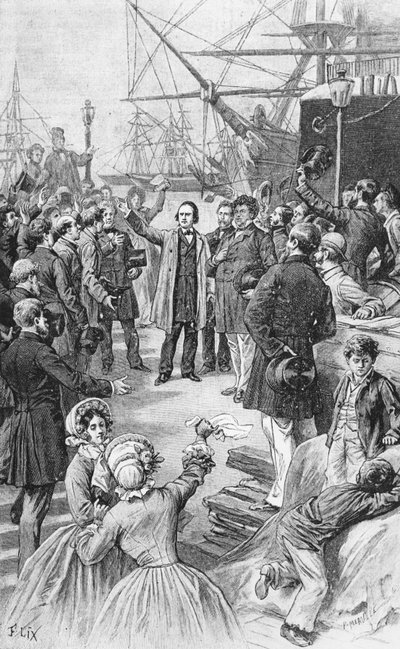 Victor Hugo (1802-85) hyvästelee ystäviään ja kannattajiaan Antwerpenissä 1. elokuuta 1852, n. 1885 tekijältä Frederic Theodore Lix