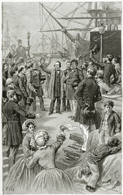 Victor Hugo tervehtii universaalia tasavaltaa maanpaossa pitämässään puheessa 1. elokuuta 1852, 1800-luvulla (bw-kaiverrus) tekijältä Frederic Theodore Lix