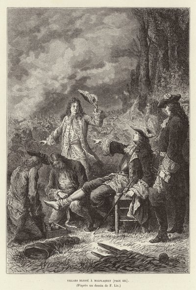 Villars siunaa Malplaquetia. Claude Louis Hector de Villars, Ranskan marsalkka, haavoittui Malplaquetin taistelussa, Espanjan peräkkäissodassa tekijältä Frederic Theodore Lix