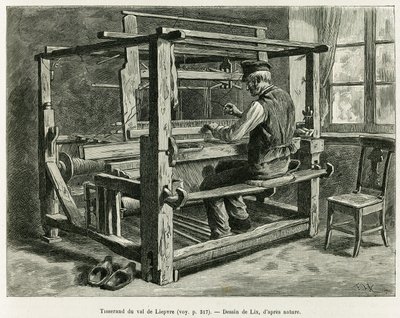 Liepvren laakson kutoja. Lixin kaiverrus havainnollistamaan tarinaa A Through Alsacen ja Lorraine, vuonna 1887, Charles Grad, saksalainen edustaja, tour du monde 1888, ohjaaja Edouard Charton (1807-1890), Hachette, Paris. tekijältä Frederic Theodore Lix