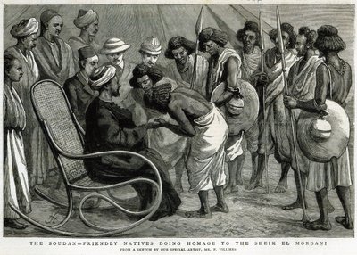 The Soudan: Ystävälliset alkuasukkaat kunnioittamassa Sheik el Morgania, teoksesta The Graphic, 19. huhtikuuta 1884 (kaiverrus) tekijältä Frederic Villiers