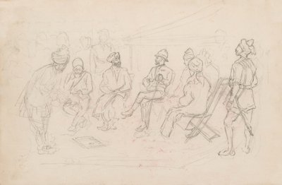 "Cavagnarin ja Lalpuran khaanin tapaaminen Dakassa helmikuussa 1879" (lyijykynä) tekijältä Frederic Villiers
