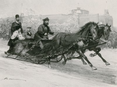 Reki sinisellä silkkiverkolla estääkseen lunta suihkuttamasta asukkaita, taustalla Kremlin tekijältä Frederic de Haenen