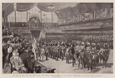 Jumala pelasta kuningasta, viimeinen kohtaus suuressa näytelmässä, Australian kansainyhteisön avajaisissa Royal Military Tournamentissa tekijältä Frederic de Haenen