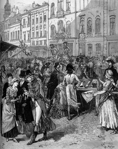 Historiallinen juhla Lillen piirityksen muistoksi vuonna 1792: Braderie Watteau (suuret messut) kaupungin kaduilla 1700-luvun muodikkaiden asukkaiden kanssa. De Haenen kaiverrus "" Le Monde Illustré" -julkaisussa nro 1334, 21. lokakuuta tekijältä Frederic de Haenen