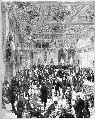 Hotel de Ville de Paris vihittiin käyttöön 14. heinäkuuta 1882. Hotelli rakennettiin uudelleen vuoden 1871 palon jälkeen: näkymä kaupunginvaltuuston huoneesta presidentti Jules Grevyn (1807-1891) saapuessa. Kaiverrus De Haenen ja Dosso teoksessa "The Illus tekijältä Frederic de Haenen