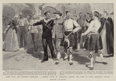 John Bull ja veli Jonathan, katukohtaus Gibraltarilla joidenkin amerikkalaisten joukkojen vierailun aikana tekijältä Frederic de Haenen