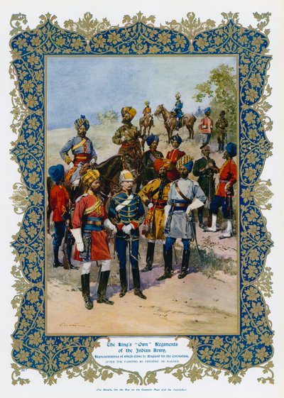 Kuningas George V:n Omat Intian armeijan rykmentit (väri litho) tekijältä Frederic de Haenen