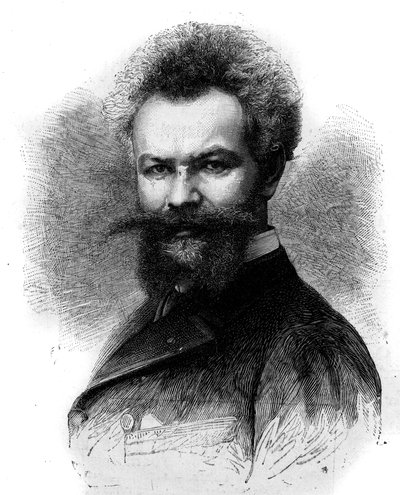 Muotokuva Mihaly Munkacsysta (1844-1900), unkarilainen taidemaalari. Kaiverrus "" Le Monde Illustré" -julkaisussa nro 1306, 8. huhtikuuta 1882. tekijältä Frederic de Haenen