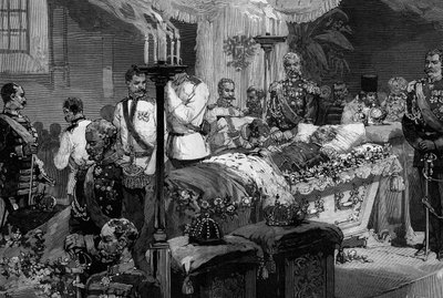 Aleksanteri II:n (1818-1881) taistelulaivarykmentin sotilaat suutelemassa edesmenneen tsaarin kättä Pietarin Pietarin ja Paavalin katedraalissa (Pietari) tekijältä Frederic de Haenen