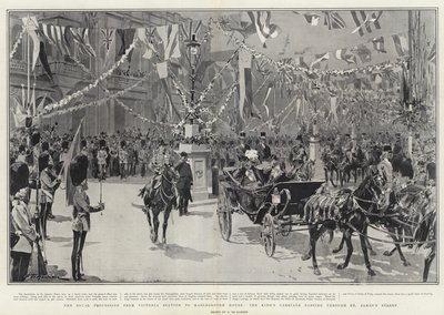 Kuninkaallinen kulkue Victorian asemalta Marlborough Houseen, kun kuninkaan vaunut kulkevat St James