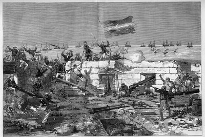 Tunisia, heinäkuu 1881: Ranskan joukot valloittivat Staxin kaupungin asukkaiden kapinan jälkeen Ranskan Tunisian protektoraattia vastaan. Merikiväärit irrottavat pyöreän akun. Kaiverrus De Haenen teoksesta "" The Illustrous World"" nro 1273, 20. elokuuta tekijältä Frederic de Haenen