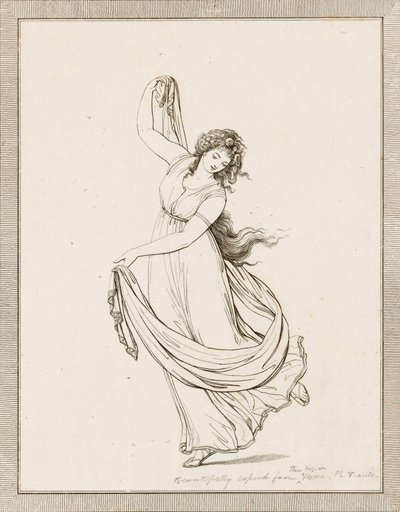 Emma, Lady Hamilton, klassisessa poseerauksessa, tanssii ja tasapainoilee oikealla jalallaan. tekijältä Frederich (after) Rehberg