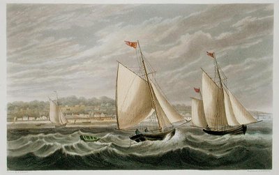 Ryde, teoksesta "The Isle of Wight Illustrated, in a Series of Coloured Views", kaiverrettu P. Robertsin toimesta, julkaistu 1846 (akvatintta). tekijältä Frederick (after) Calvert