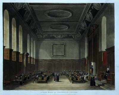 Winchester Collegen kouluhuone, "Historia of Winchester Collegesta", osa "History of the Colleges", kaivertanut Joseph Constantine Stadler (fl.1780-1812) pub. Kirjailija: R. Ackermann tekijältä Frederick (after) Mackenzie