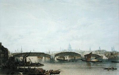 Näkymä Southwarkin sillasta sellaisena kuin se ilmestyi toukokuussa 1818, W. Bennettin kaivertaman W.H.:n alkuperäisen piirustuksen jälkeen. Timms tekijältä Frederick (after) Nash