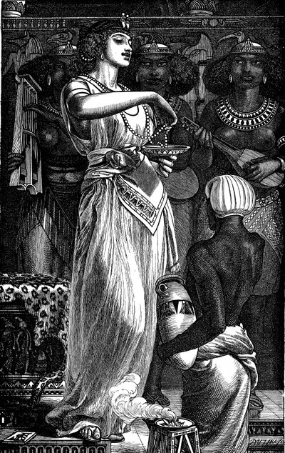 Kleopatra VII 69-30 eKr., Egyptin kuningatar, liuottaa helmiä viiniin, 1866 tekijältä Frederick Augustus Sandys