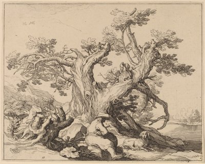Mies ja hänen koiransa lepäämässä suuren puun vieressä tekijältä Frederick Bloemaert after Abraham Bloemaert