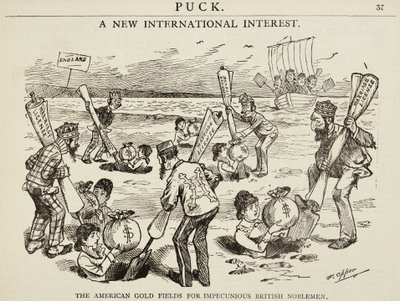 Sarjakuva "The American Gold Fields for Impecunious British Noblemen", 1880 tekijältä Frederick Burr Opper