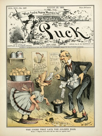 "Kultaisia munia muniva hanhi", Puck, etukansi, 22. elokuuta. tekijältä Frederick Burr Opper