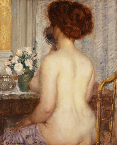 Nainen peilipöydän ääressä tekijältä Frederick Carl Frieseke