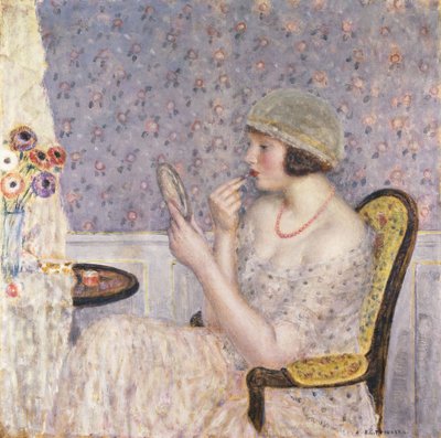 Nainen peilipöydän ääressä tekijältä Frederick Carl Frieseke