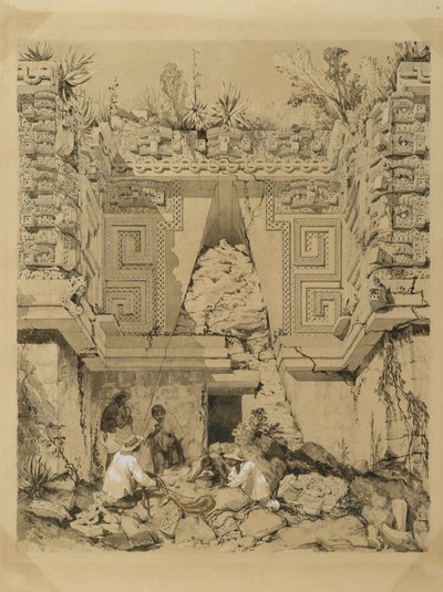 Archway, Casa del Gobernador, Uxmal, Yucatan, 1843 (seepiamuste ja pesu kudospaperilla) tekijältä Frederick Catherwood