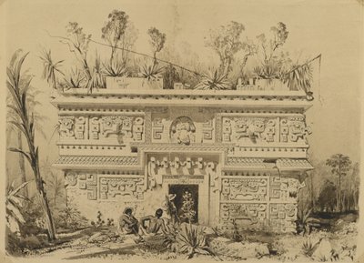 Las Monjas, Chichen Itza, Yucatan, 1843 (seepiamuste ja pesu kudottupaperille) tekijältä Frederick Catherwood