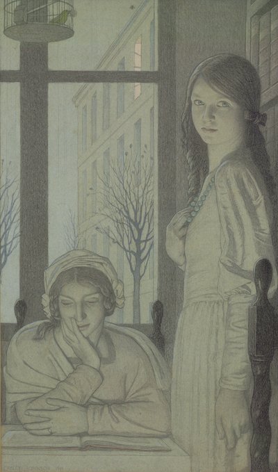 Sisustus - Ilta, 1915 (lyijykynä, pesu ja guassi) tekijältä Frederick Cayley Robinson