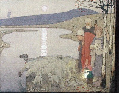 Pastoraali, n. 1923 (grafiitti, akvarelli ja guassi aluksella) tekijältä Frederick Cayley Robinson