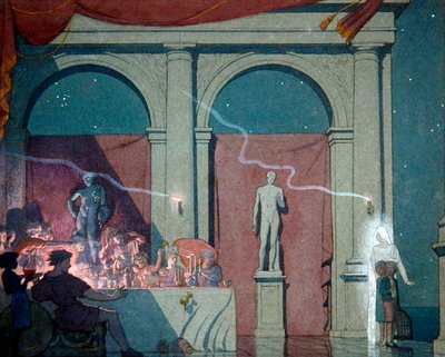 Tyltyl kääntää timanttia, kuvitus näytöksestä IV kohtaus IV Maurice Maeterlinckin "Sininen lintu, satunäytelmä kuudessa näytöksessä", julkaistu Lontoossa 1911 (akvarelli, lyijykynä ja vartaloväri paperille) tekijältä Frederick Cayley Robinson