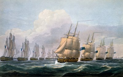 Kapteeni Beresford HMS Theseuksessa, joka johtaa laivueensa julkaisusta "The Naval Chronology of Great Britain", kirjoittanut J. Ralfe, 1820 tekijältä Frederick Christian Lewis