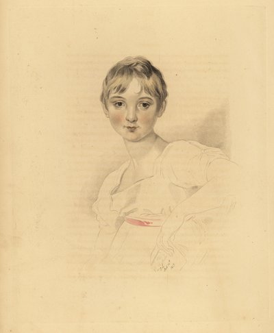 Lucy Meredith, Sir Thomas Lawrencen veljentytär, muotokuva. Nuori esiteini-ikäinen tyttö valkoisessa mekossa vaaleanpunaisella nauhavyöllä. Frederick Christian Lewisin käsin sävytetty kaiverrus Sir Thomas Lawrencen kuvituksesta P.G. Patmoren jalokivikaappi tekijältä Frederick Christian Lewis