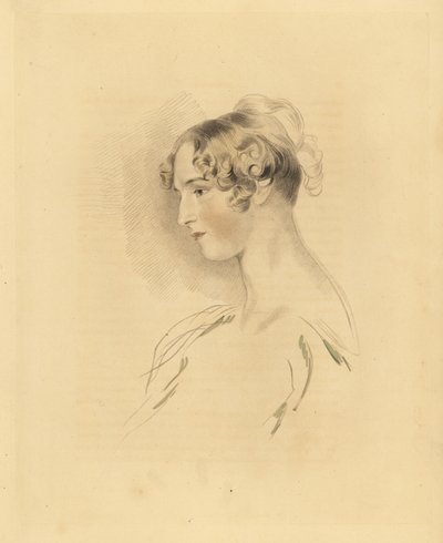 Muotokuva Mary Isabella Bloxamista nuorena naisena, Sir Thomas Lawrencen veljentytär. Hiukset ylhäällä ja kiharrettuina, olkapäiden mekossa. Frederick Christian Lewisin kaiverrus Sir Thomas Lawrencen P.G. Patmoren kabinetti G tekijältä Frederick Christian Lewis