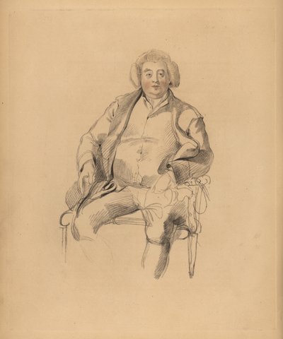 Sir Thomas Lawrencen isän, majatalonhoitaja Thomas Lawrencen muotokuva. Peruukkipukuinen mies istuu tuolilla. Frederick Christian Lewisin käsin sävytetty kaiverrus Sir Thomas Lawrencen kuvituksesta P.G. Patmoren jalokivikaappi, Ackermann, Lontoo tekijältä Frederick Christian Lewis