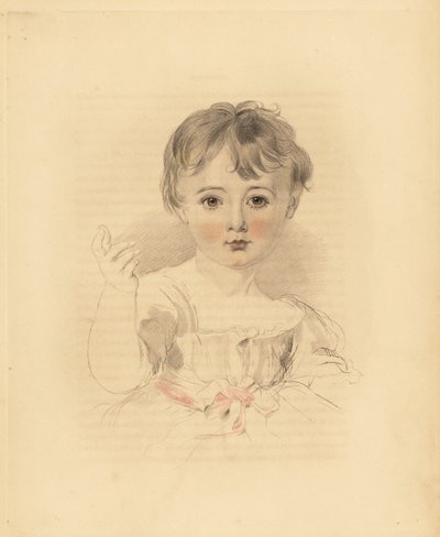Thomas Lawrence Bloxamin muotokuva, Sir Thomas Lawrencen veljenpoika. Vaaleanpunaisella nauhalla sidottu mekko. Frederick Christian Lewisin käsin sävytetty kaiverrus Sir Thomas Lawrencen kuvituksesta P.G. Patmoren jalokivikaappi, Ackermann, Lontoo tekijältä Frederick Christian Lewis