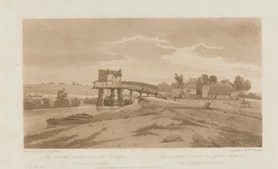 Vesimylly sillan yläpuolella Charentonissa 1803; Kilpi 20 Pariisin Viewsista, Emanuel Volume -jäljitys levystä B181.25.2629 tekijältä Frederick Christian Lewis the Elder
