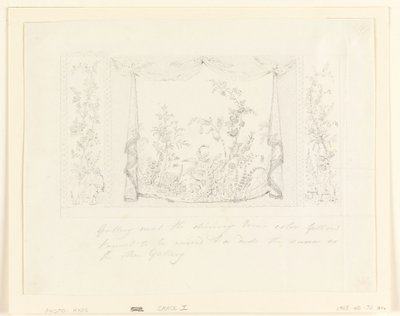 Piirustus, The Royal Pavilion, Brighton, sininen (eteläinen) salonki, seinän koristeluehdotus, n. 1820. tekijältä Frederick Crace