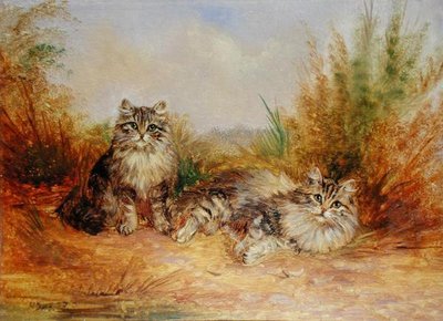 Kaksi Tabby-pentua maaseutumaisemassa (öljyä aluksella) tekijältä Frederick French