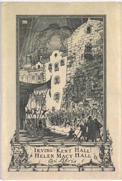 Kirjakilpi: Irving Kent Hall ja Mary Kent Hall, Ex Libris kaiverrettu tekijältä Frederick Garrison Hall