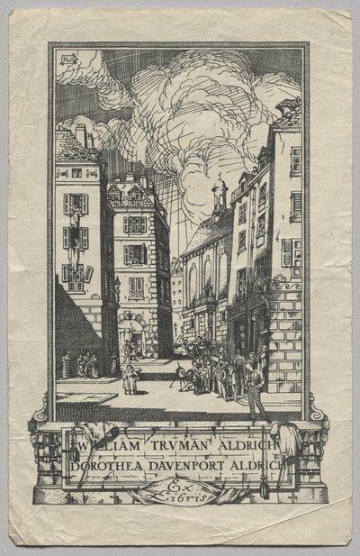 Kirjakilpi: William Truman Aldrich ja Dorthea Davenport Aldrich, Ex Libris kaiverrettu tekijältä Frederick Garrison Hall