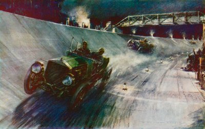 Vuonna 1907 S F Edge, joka ajoi Napierilla yksinään, onnistui pitämään 60 mph 24 tunnin ajan, mikä oli ensimmäinen ennätys uudella Brooklandsin radalla (väri litho) tekijältä Frederick Gordon (after) Crosby