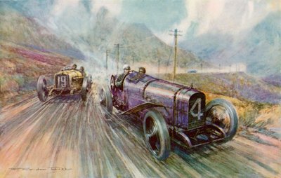 K Lee Guinness Sunbeamin kanssa kaksipäiväisessä 600 mailin Tourist Trophy -kilpailussa Mansaarella, jonka hän voitti nopeudella 56,44 mph (värilitho) tekijältä Frederick Gordon (after) Crosby