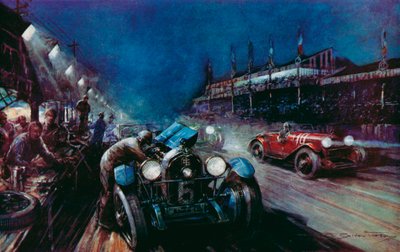 Yksi menestyneistä Lorraine-Dietrich-autoista, joka täyttää varikolla yöajon aikana Le Mansin 24 tunnin kilpailussa (värilitho) tekijältä Frederick Gordon (after) Crosby