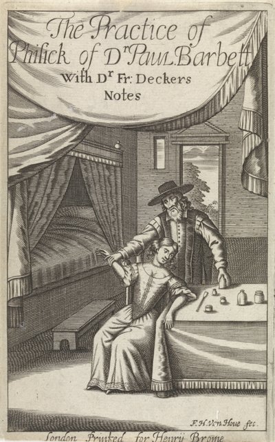 Lääkäri nuoren naisen kanssa sisätiloissa Nimisivu: Dekkers, F., The Practice of Phisick of Dr. Paul Barbara tekijältä Frederick Hendrick van den Hove